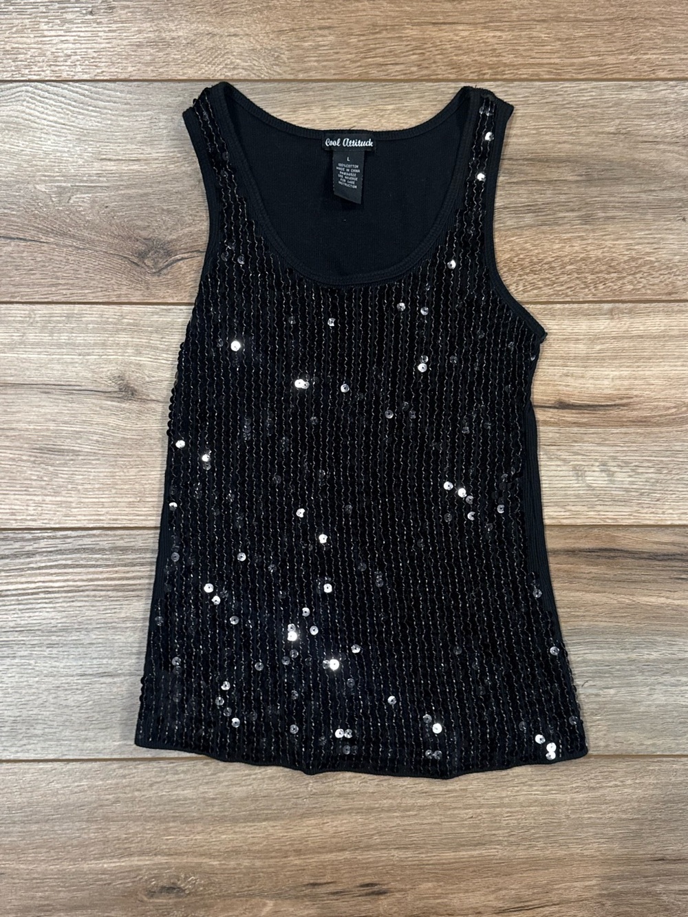 COOL ATTITUDE 100% Cotton Y2k Disco Black Sequin Tank Top | Size Large